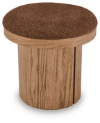 Round accent ottoman with textured brown top and light wood body