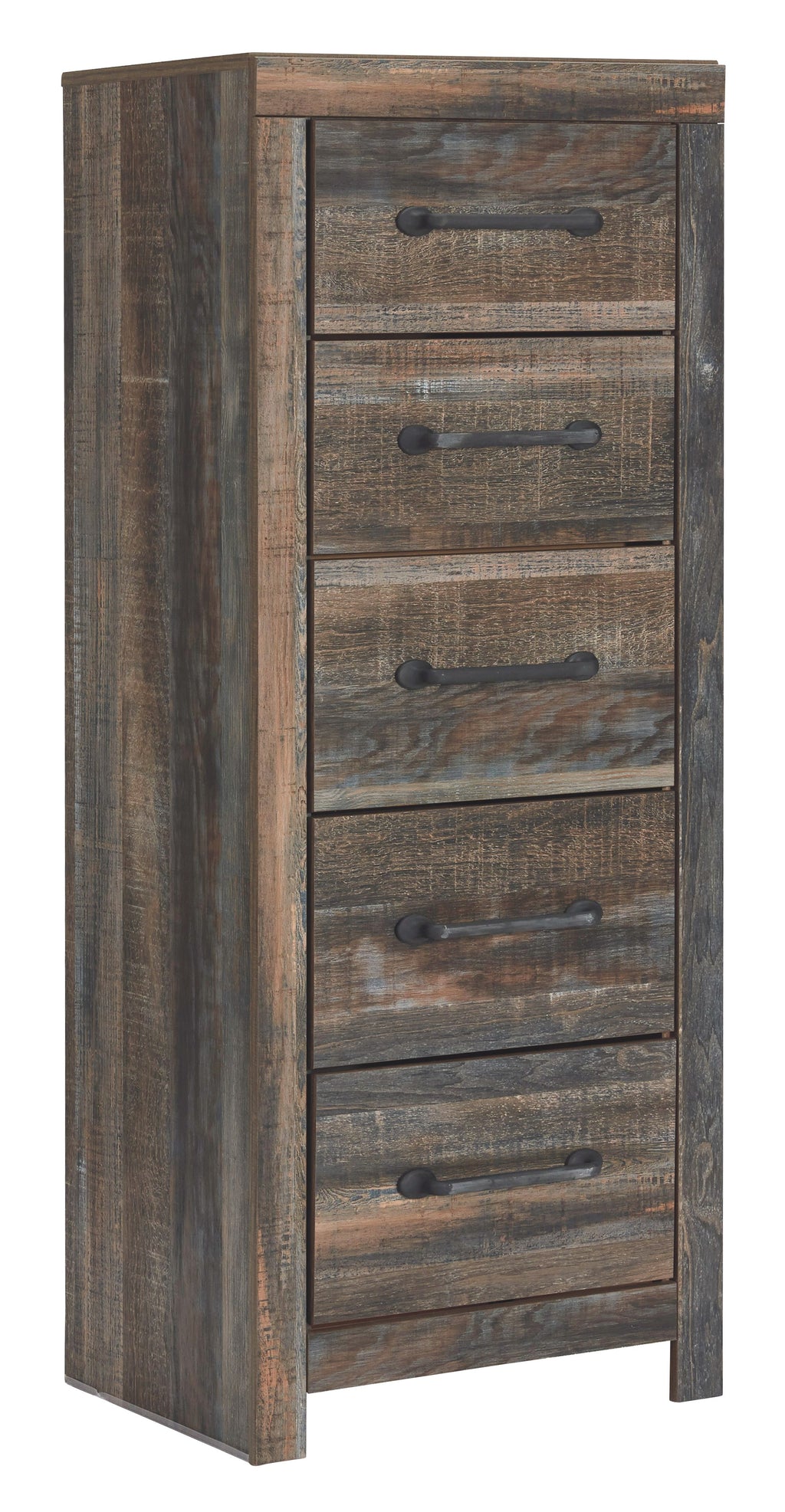 Narrow wooden chest of drawers in distressed brown with five drawers and black pulls