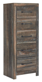 Narrow wooden chest of drawers in distressed brown with five drawers and black pulls