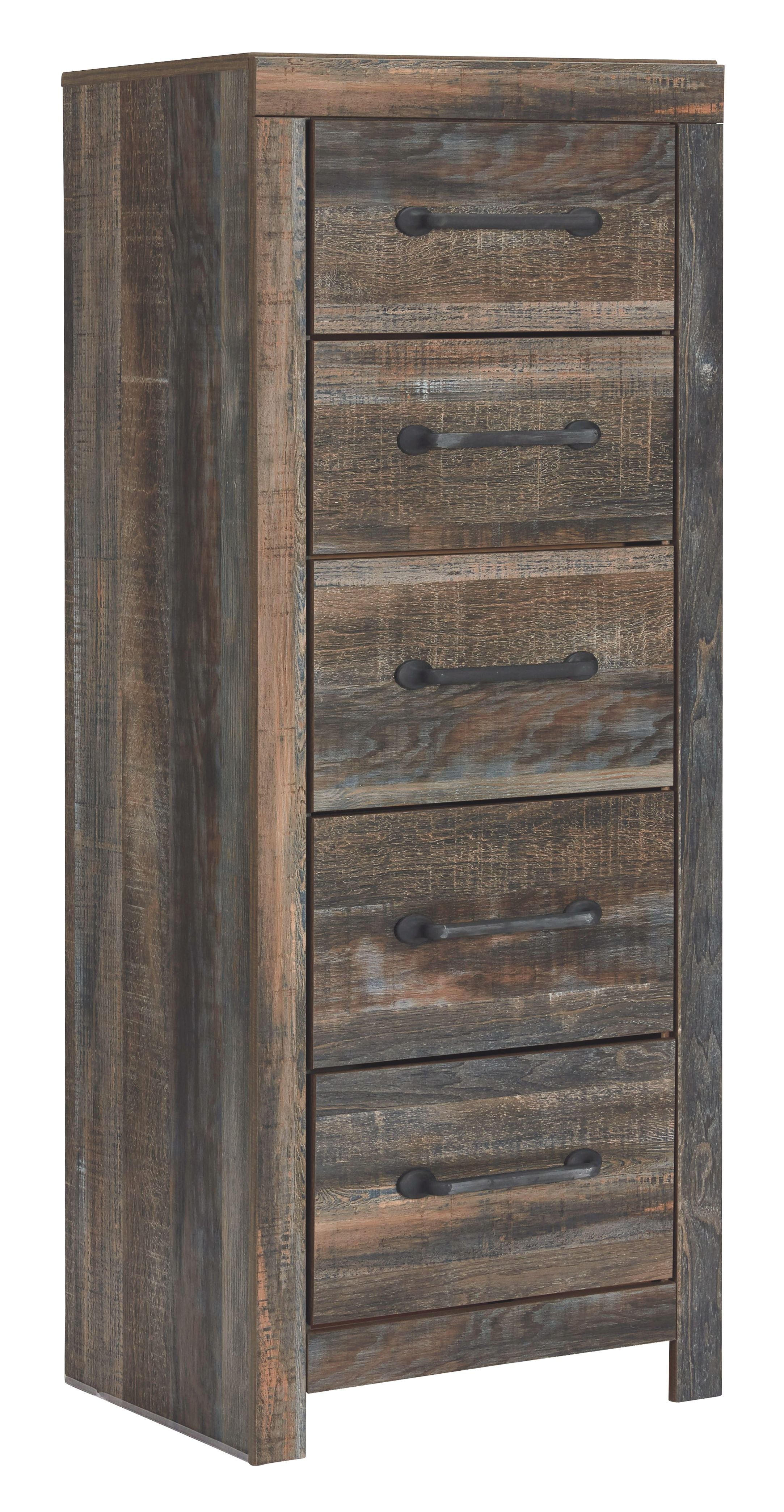 Narrow wooden chest of drawers in distressed brown with five drawers and black pulls