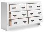 White dresser with open drawers showing wood interior and dark pull handles