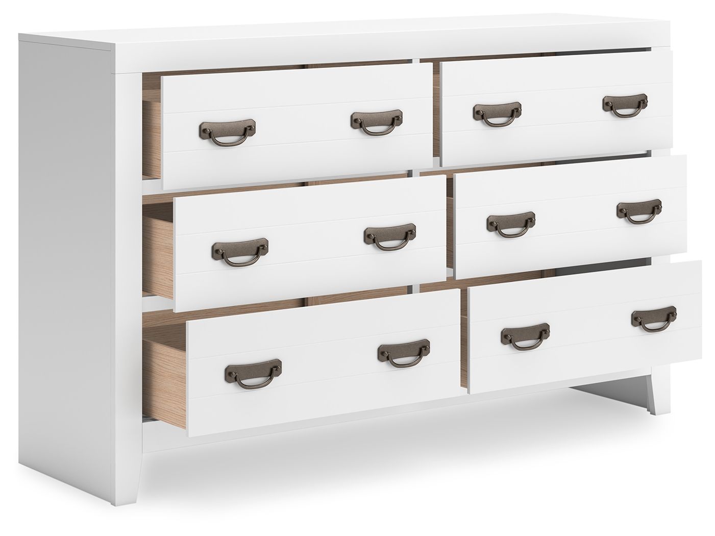 White dresser with open drawers showing wood interior and dark pull handles