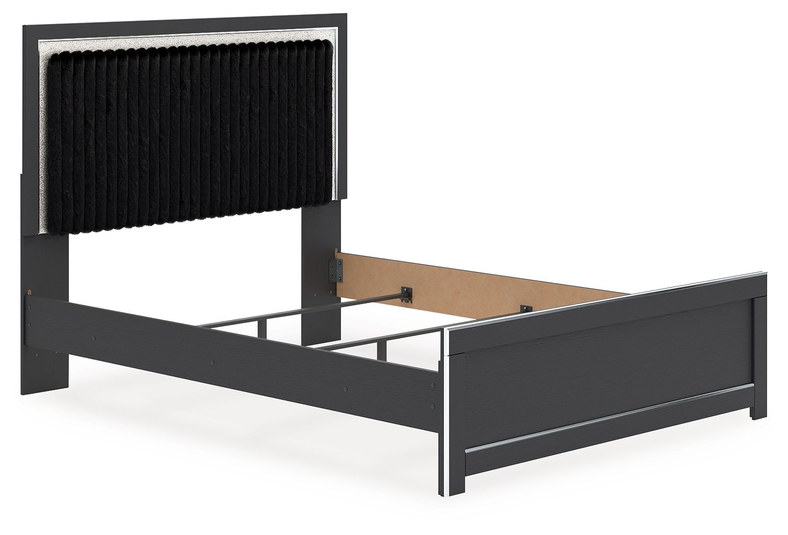 Upholstered panel bed frame with black headboard and dark rails, no bedding