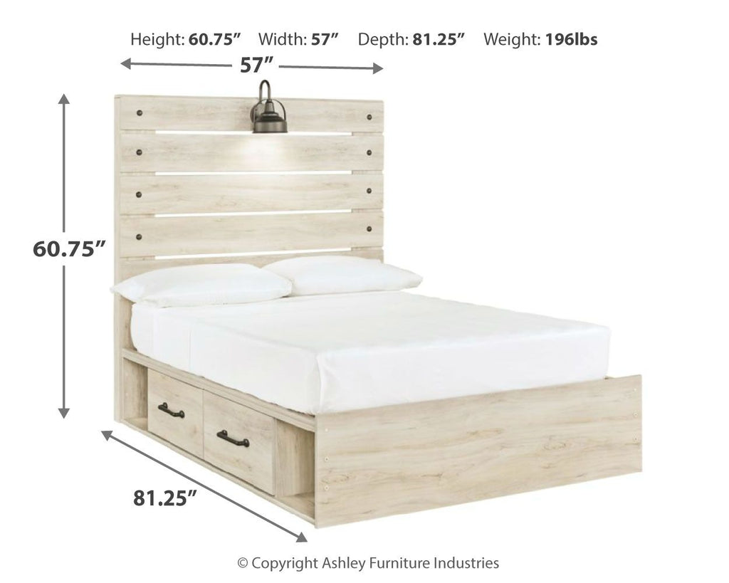 Light wood panel bed with upholstered mattress and underbed storage drawers