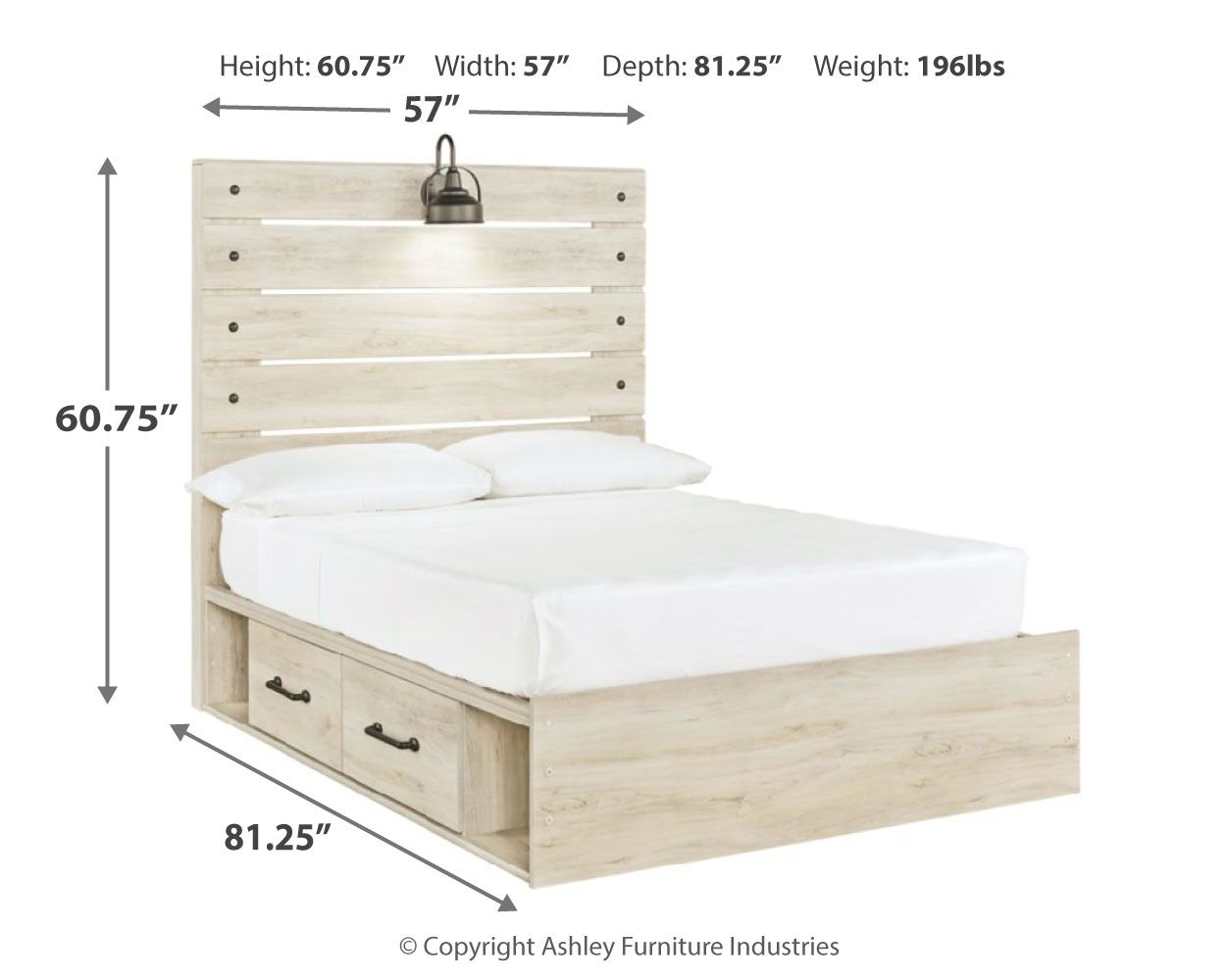 Light wood panel bed with upholstered mattress and underbed storage drawers