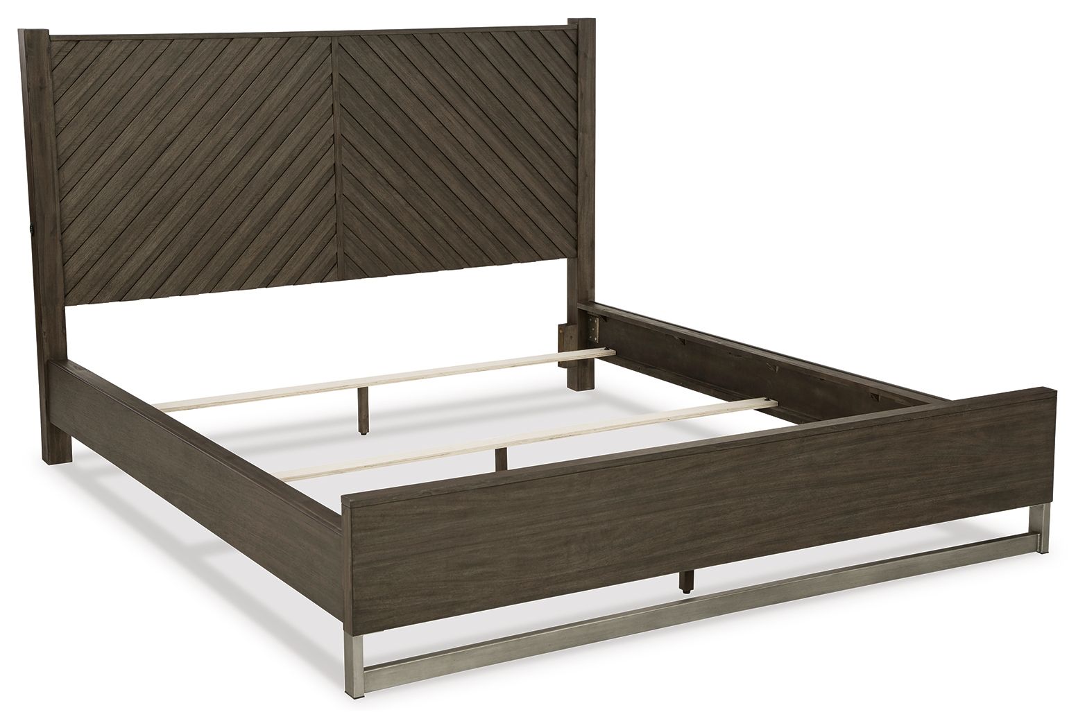 Grayish-brown panel bed frame showing open platform base and white mattress