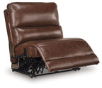 Brown armless power recliner shown reclined, with adjustable headrest and power base