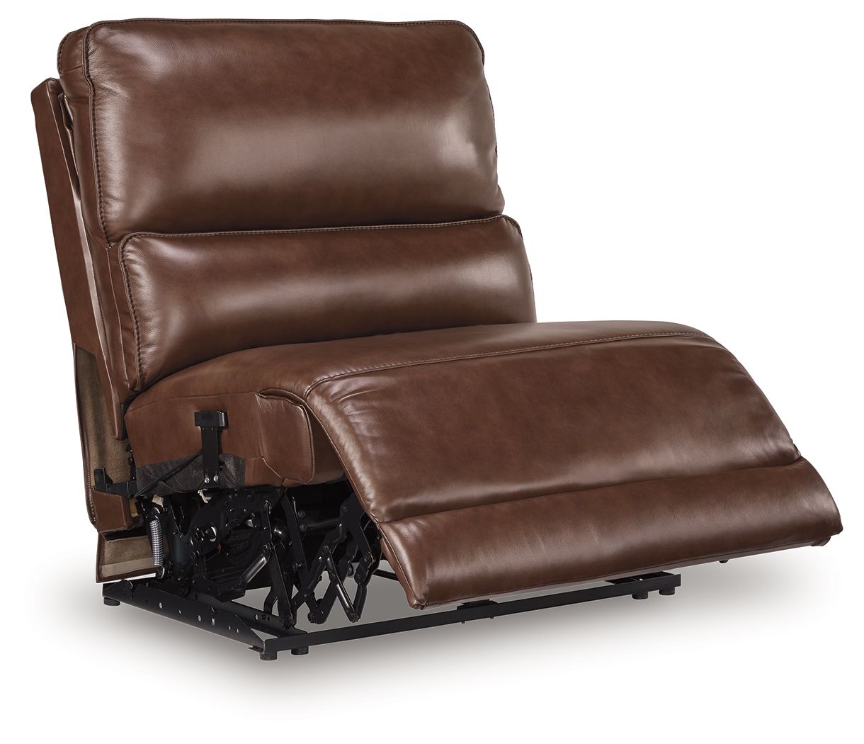 Brown armless power recliner shown reclined, with adjustable headrest and power base