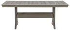 Gray outdoor dining table with slatted top and four legs