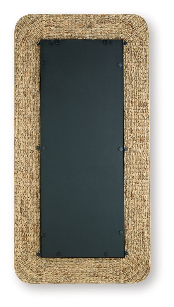 Natural woven floor mirror with dark inset glass and rounded frame