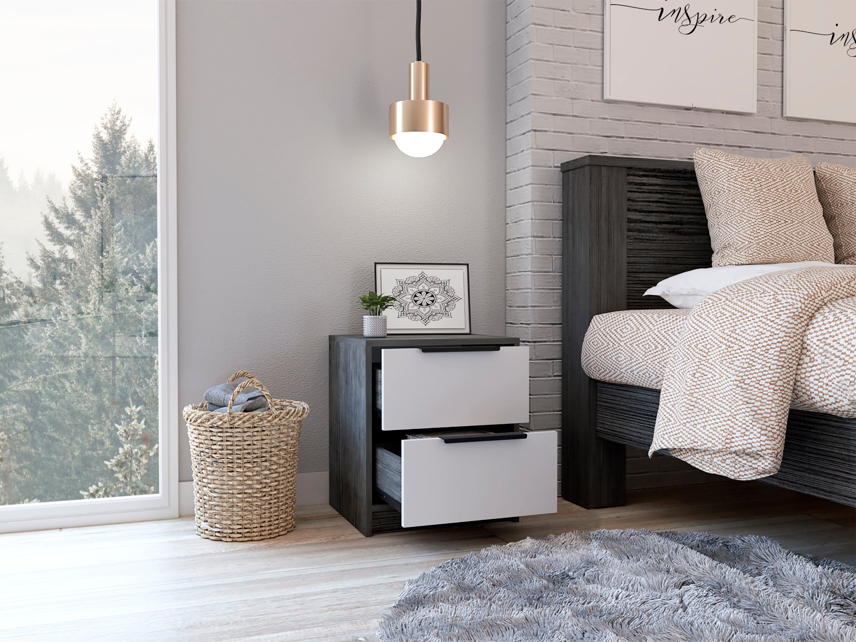Smokey Oak & White Nightstand - 2 Drawers