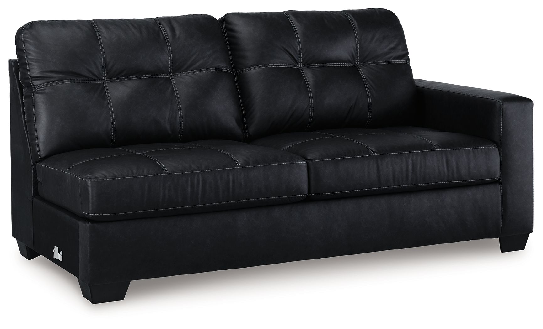 Dark carbon sofa with tufted back cushions, rolled arms, and boxy wooden legs