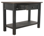 Sofa table with two drawers, open area below, and lower display shelf