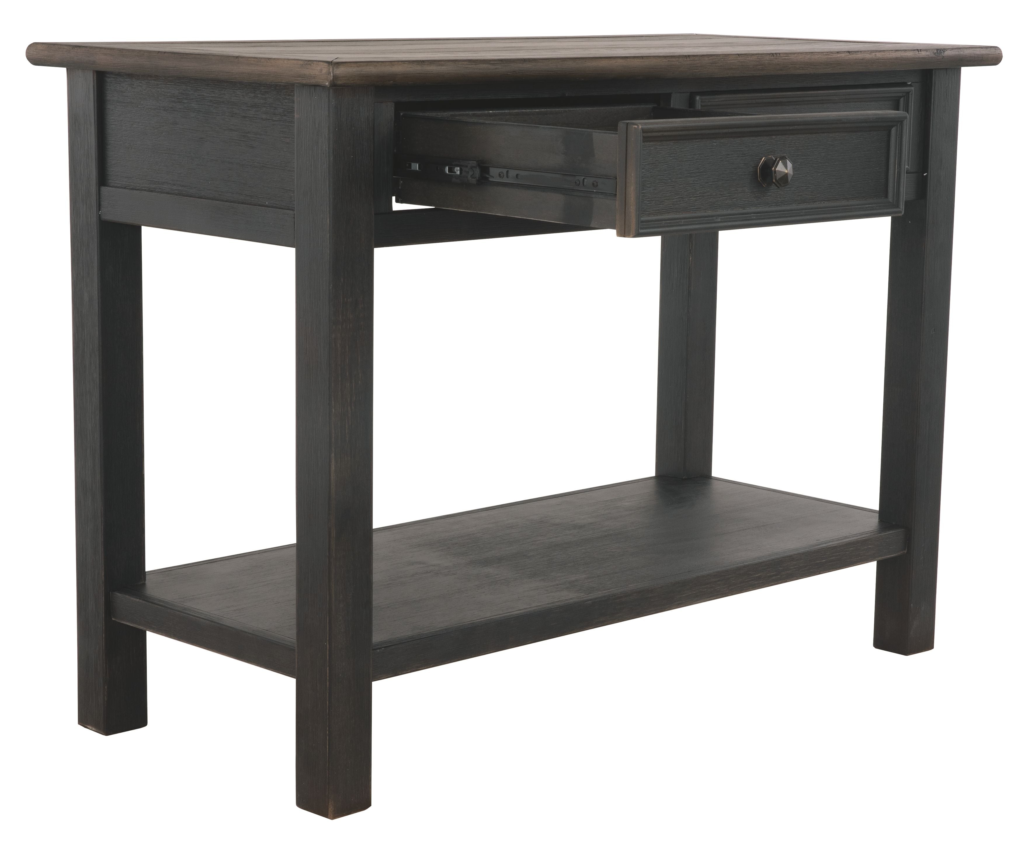 Sofa table with two drawers, open area below, and lower display shelf