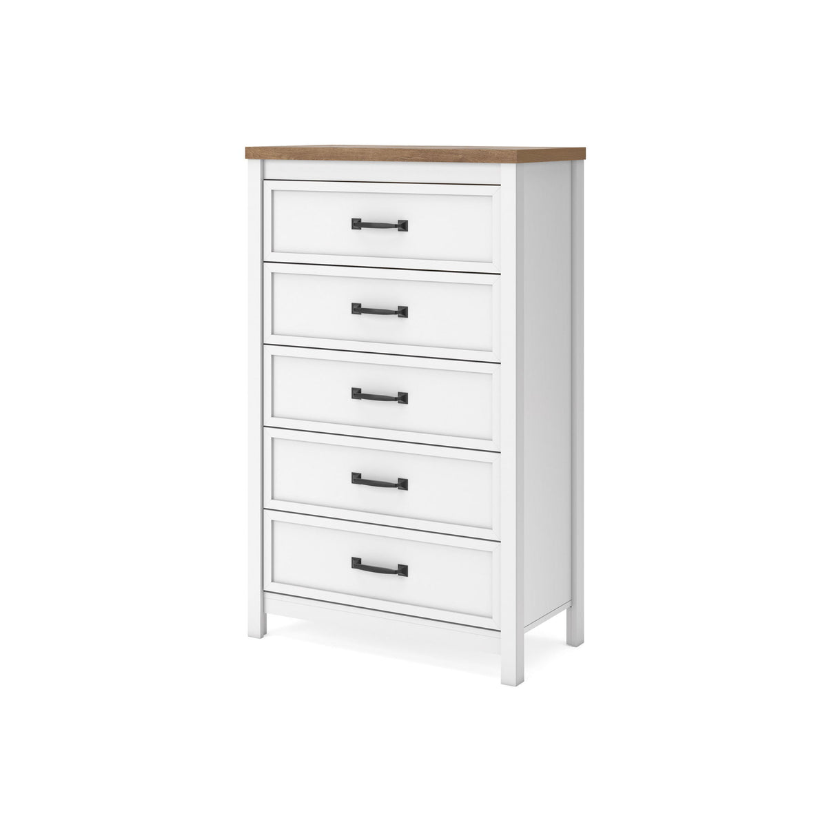 White five-drawer cabinet with brown top and black bar drawer pulls