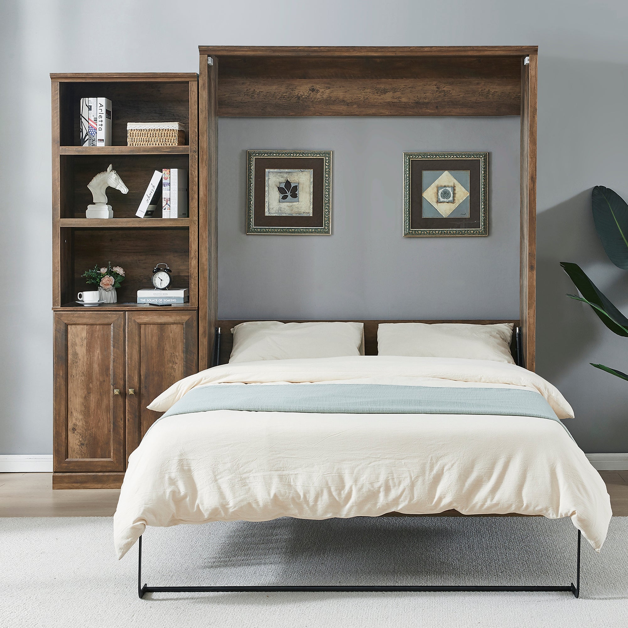 Queen Size Half Murphy Bed with Storage Cabinet - Space-Saving Brown