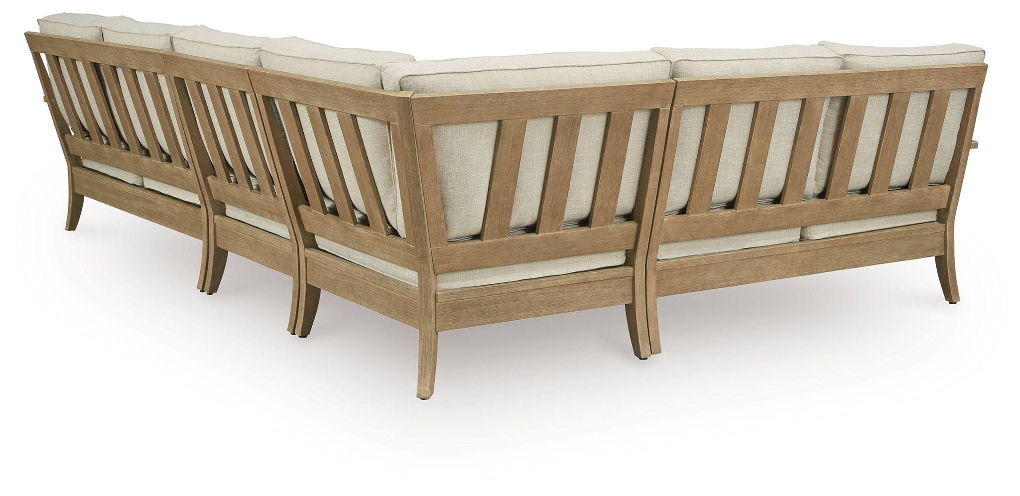 Beige outdoor sectional sofa end view with slatted wood back and arms