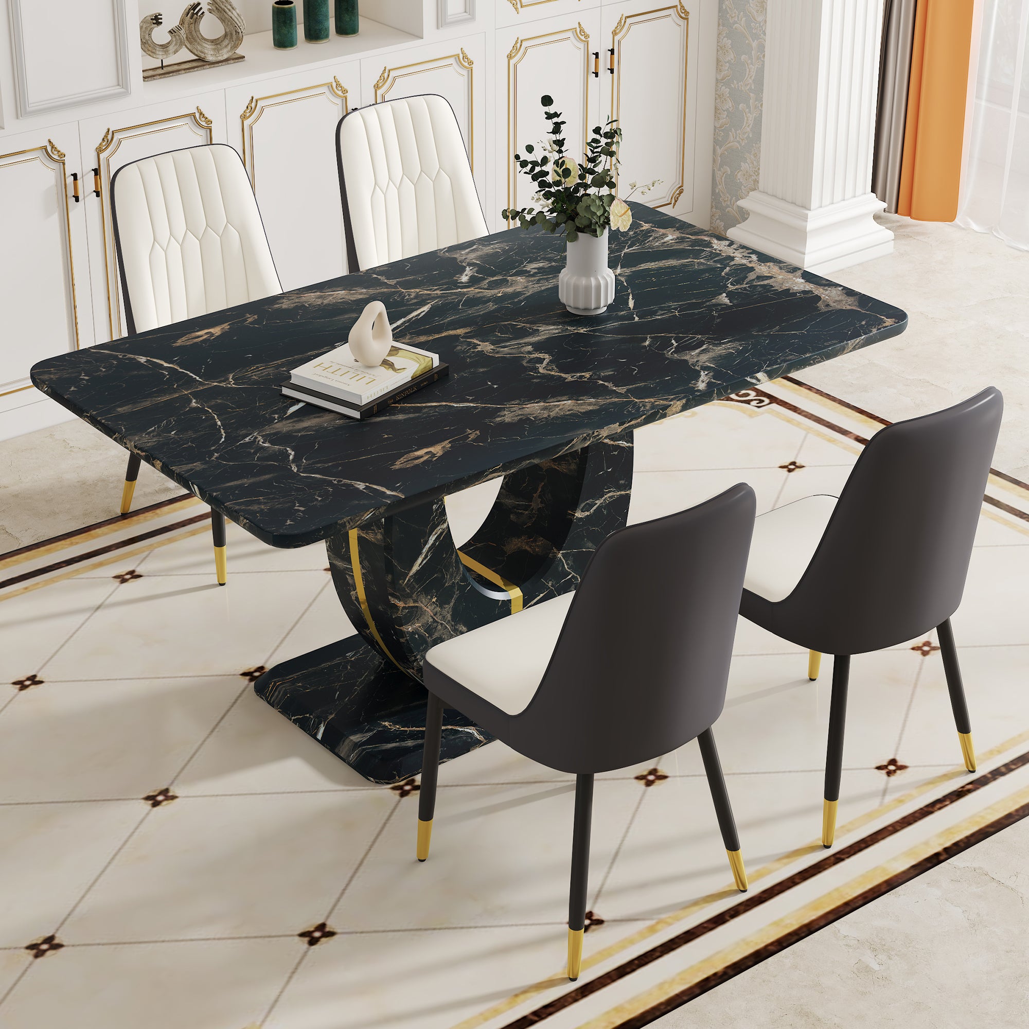 Black Marble Dining Set w/ 4 Chairs