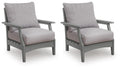 Set of 2 gray lounge chairs with padded cushions, slatted arms, and sturdy frames