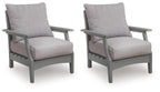 Set of 2 gray lounge chairs with padded cushions, slatted arms, and sturdy frames