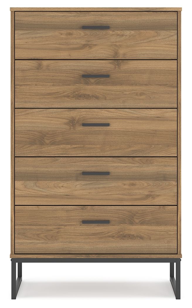 Honey wood five-drawer chest with horizontal drawer fronts and dark frame legs