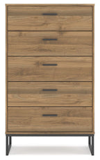 Honey wood five-drawer chest with horizontal drawer fronts and dark frame legs