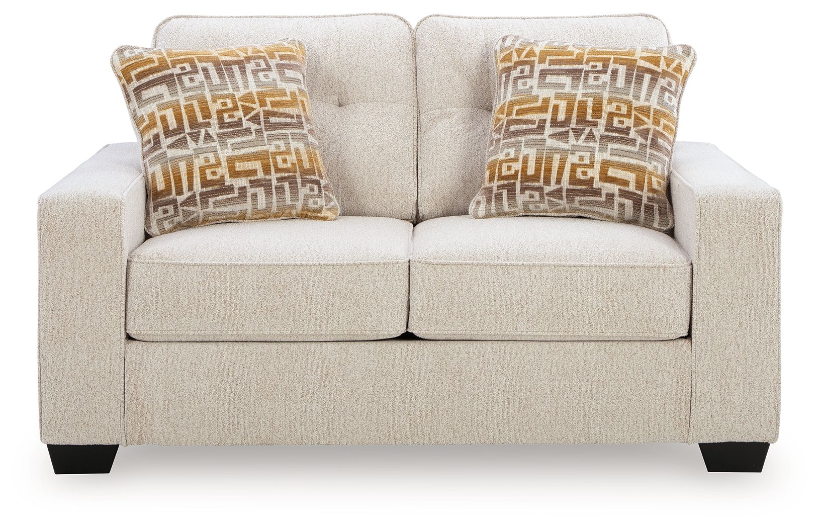 Light beige upholstered loveseat with two square geometric-pattern throw pillows