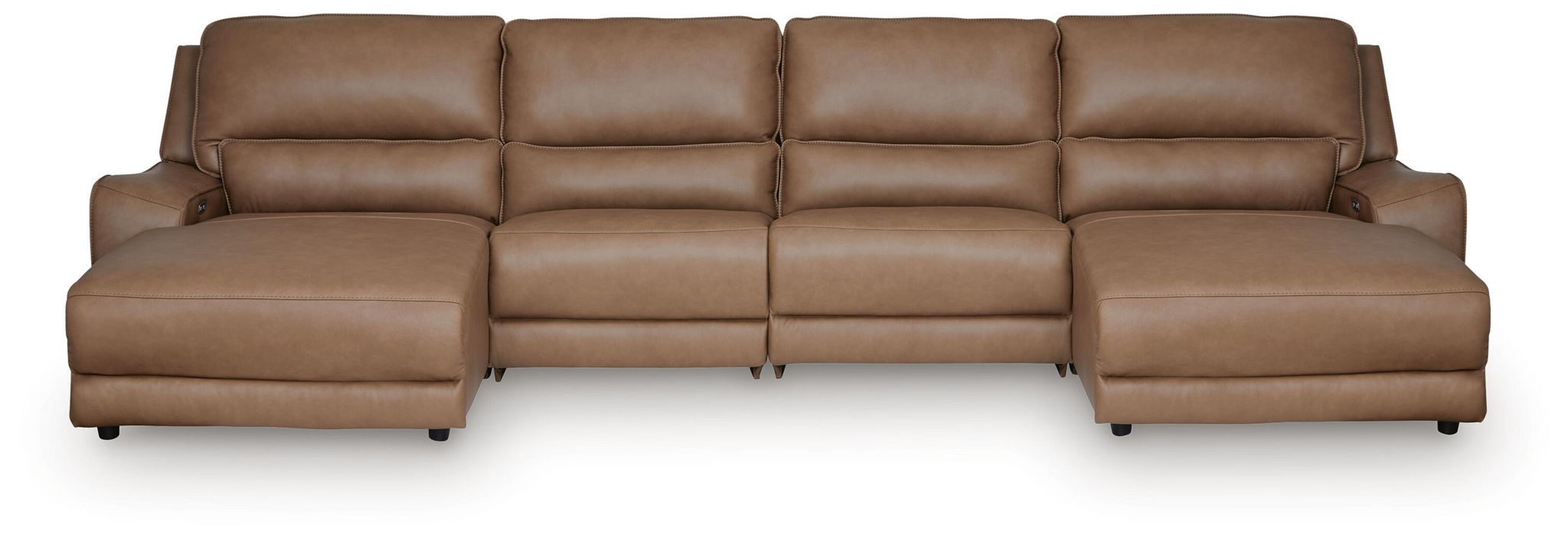 Power reclining sectional sofa in light tan leather, chaise-style end seats