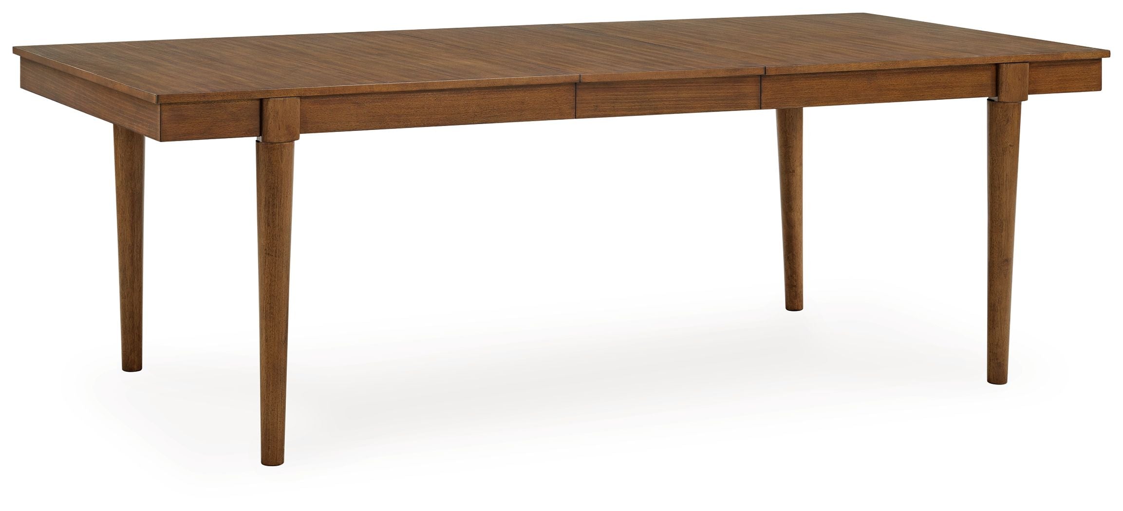 Brown rectangular extension dining table with wood apron detailing and tapered legs