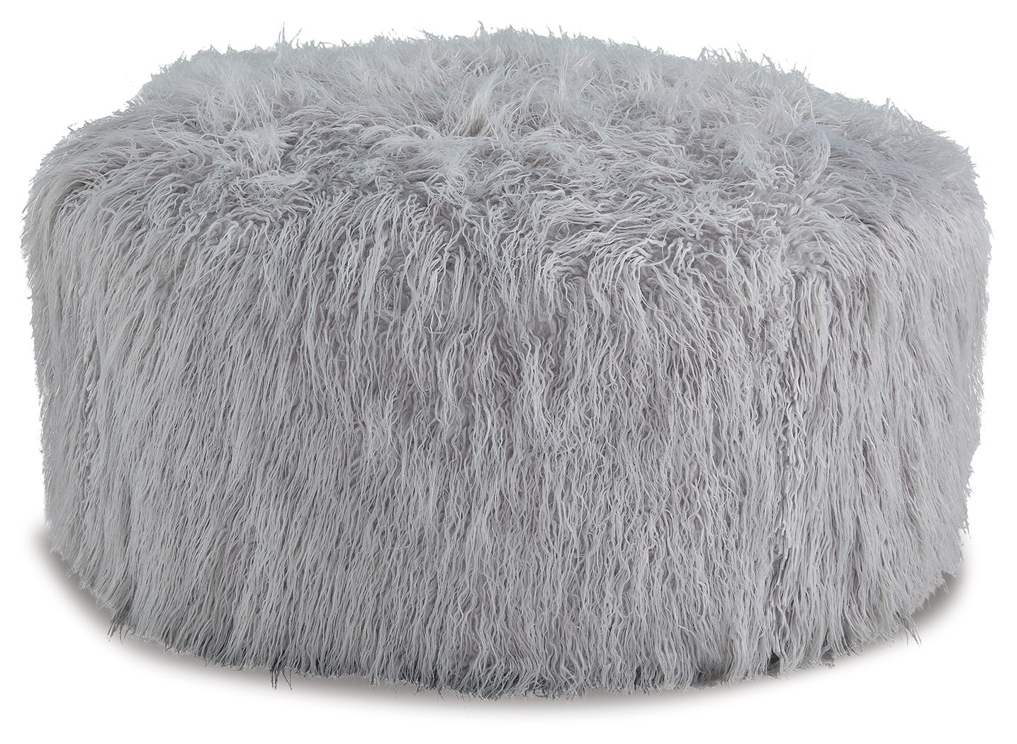 Light gray round ottoman with dense shaggy faux fur covering