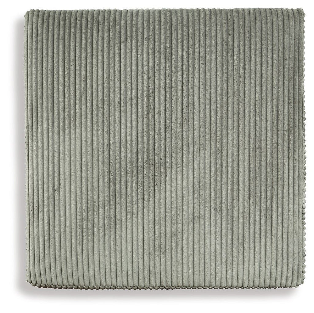 Gray square ottoman with ribbed fabric upholstery and flat padded top