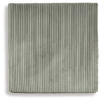 Gray square ottoman with ribbed fabric upholstery and flat padded top