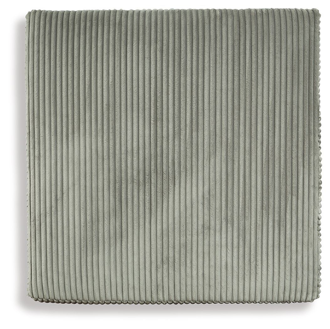 Gray square ottoman with ribbed fabric upholstery and flat padded top