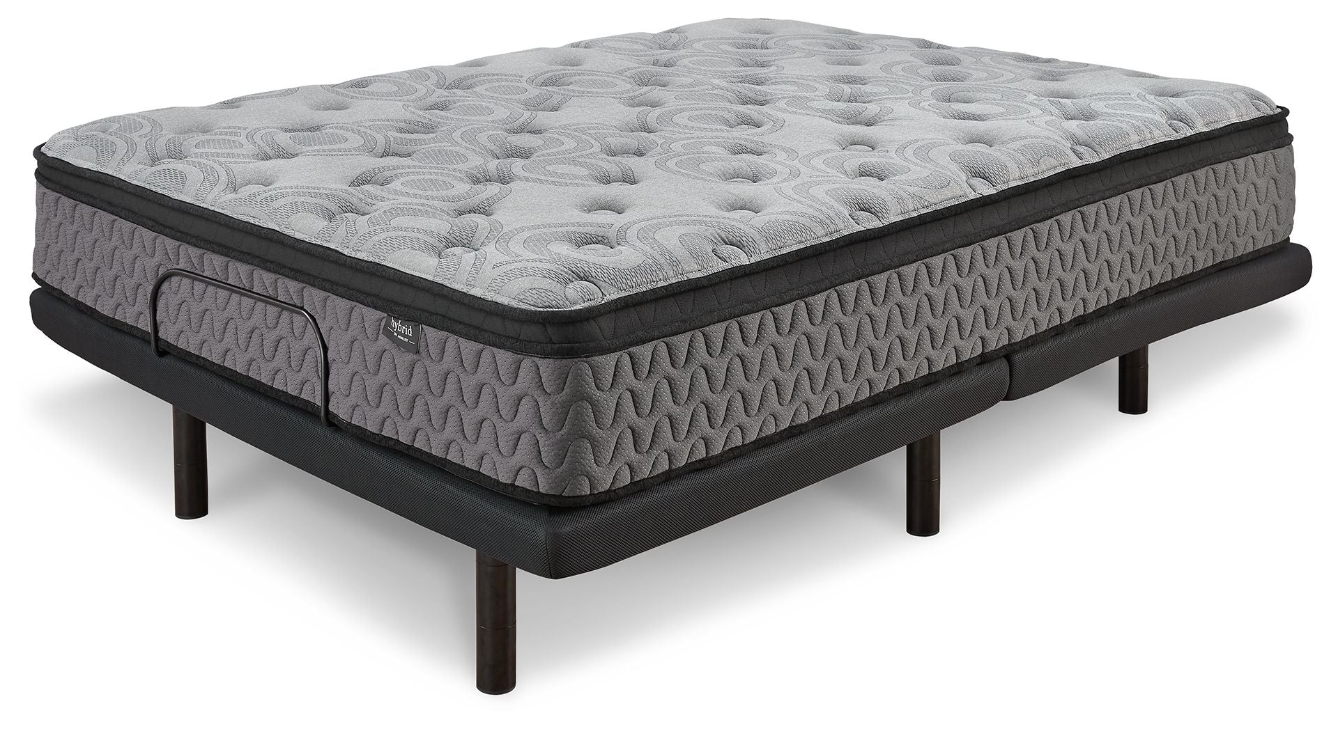 Gray quilted firm mattress with black sides and support legs