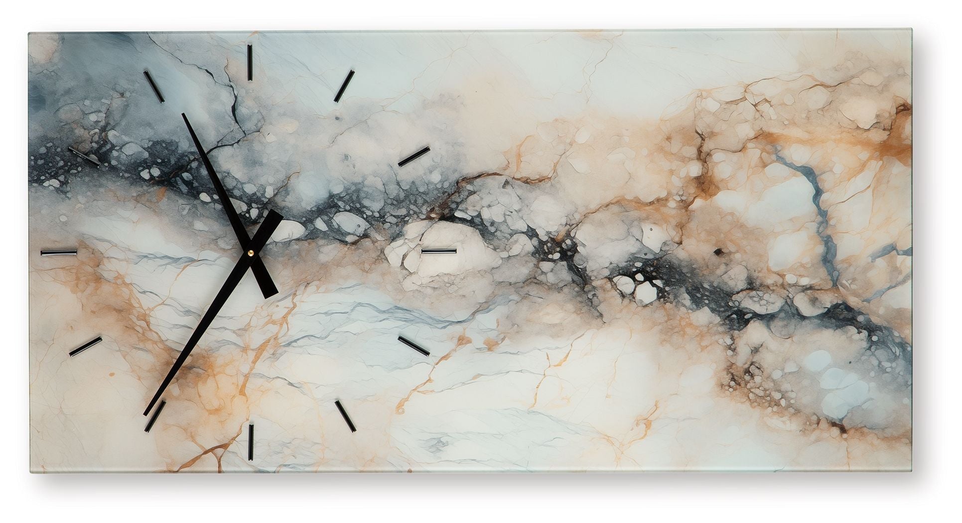 Wall clock with black hands and horizontal cream, blue, and gold marble pattern