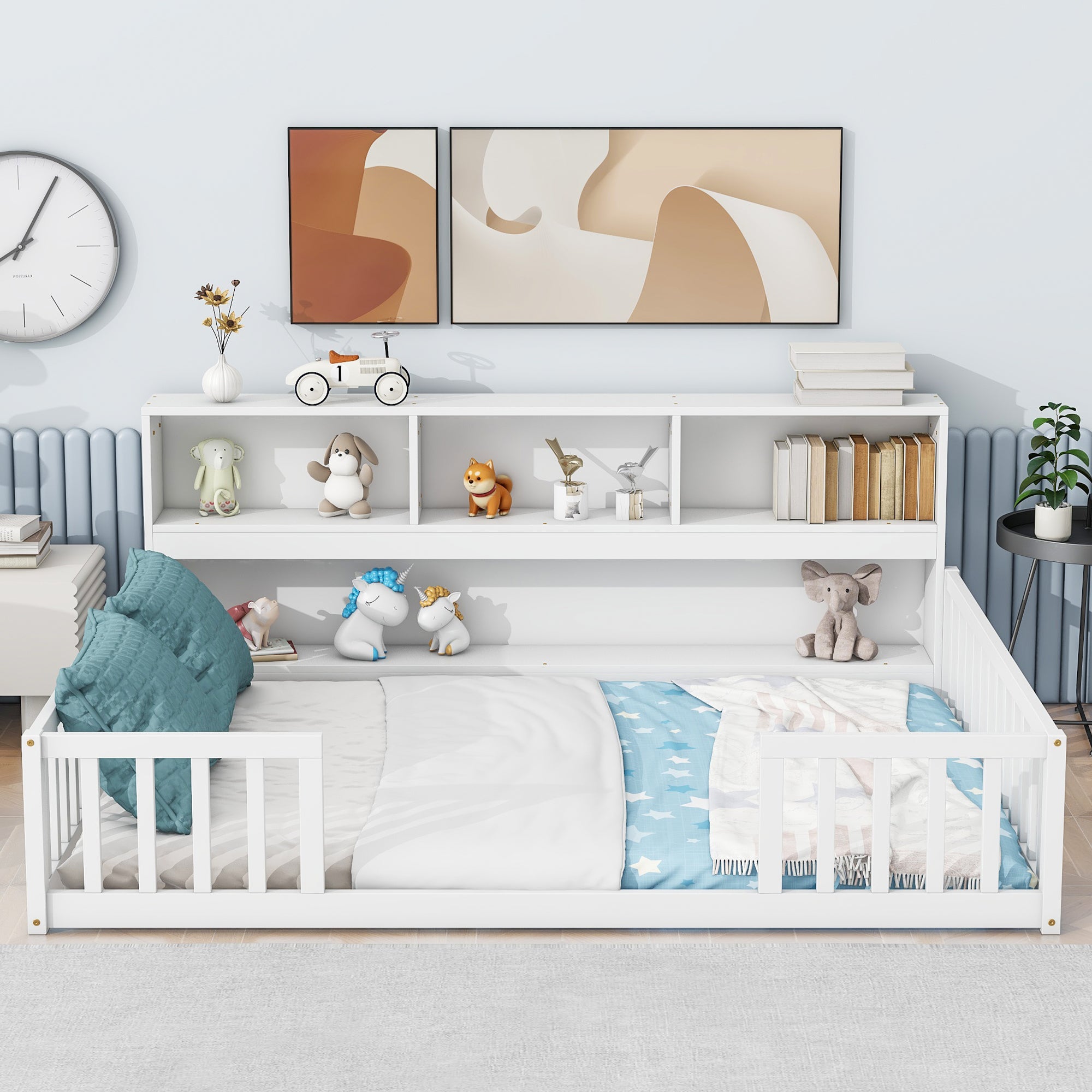 White Full Bed with Bookcase & Guardrails