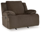 Chocolate rocker recliner chair with ribbed fabric back and cushioned arms