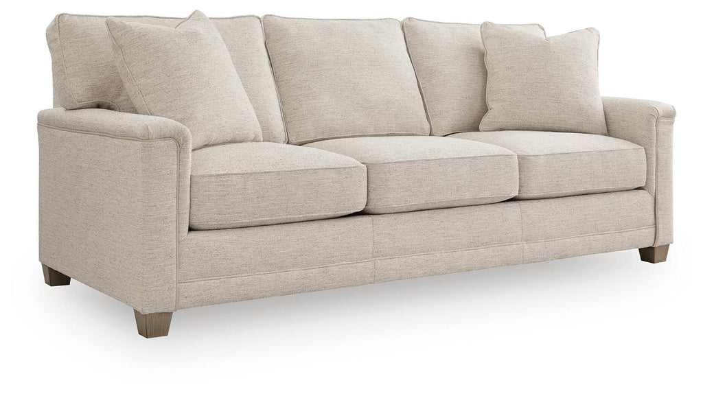 Queen sofa sleeper in opal light beige fabric with three seat cushions and rolled arms