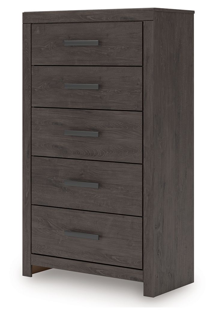 Charcoal five-drawer chest with drawer pulls on stacked drawers.