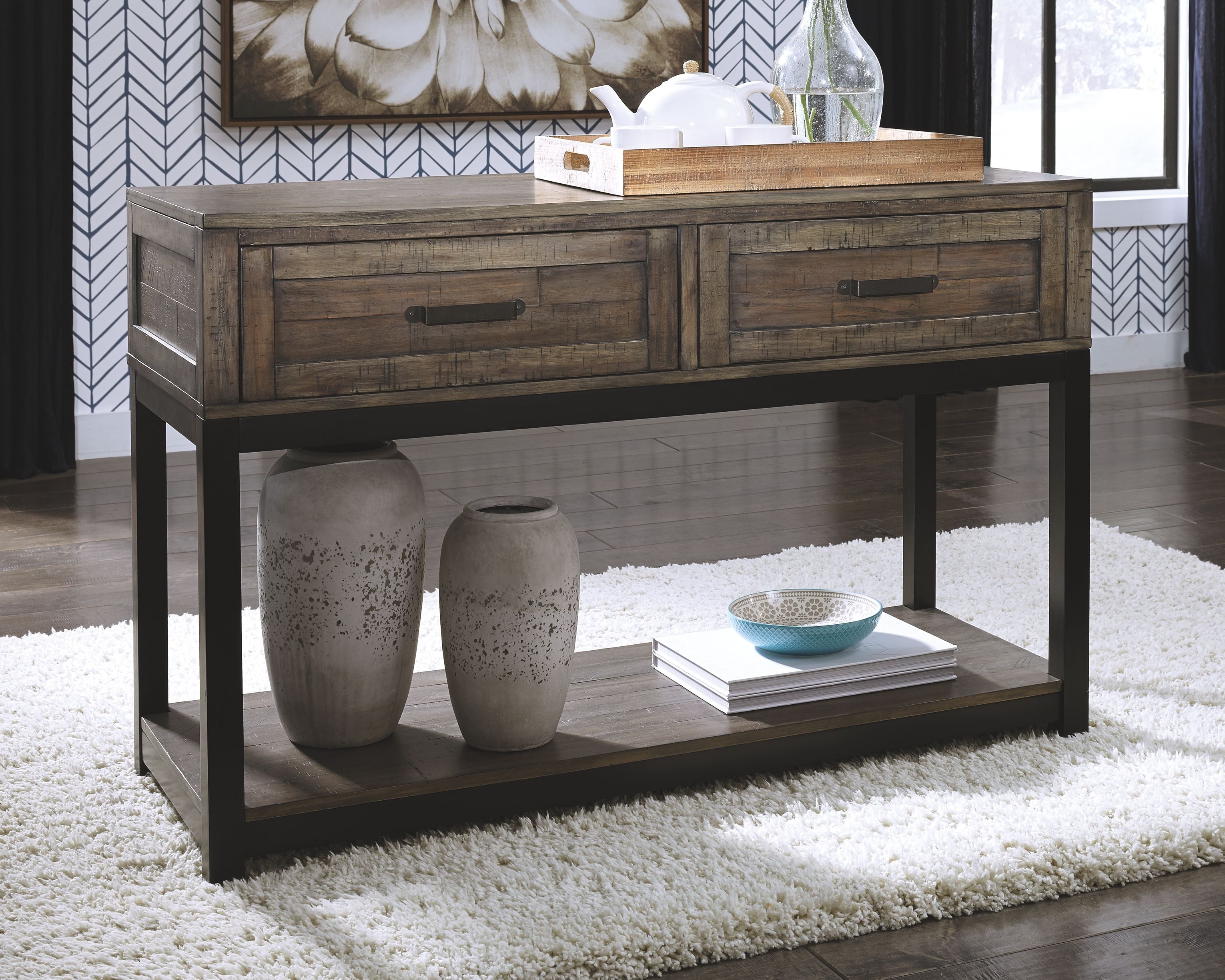 Sofa table with two drawers and bottom shelf in grayish-brown reclaimed-style wood