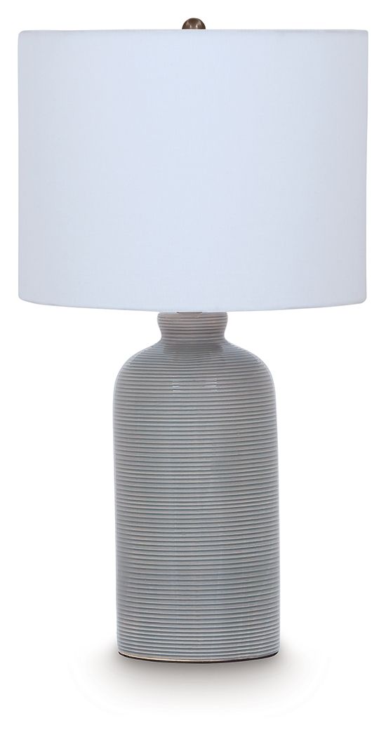 Gray blue ceramic table lamp with ribbed column base and white fabric drum shade