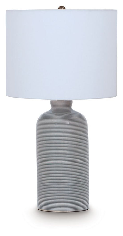 Gray blue ceramic table lamp with ribbed column base and white fabric drum shade