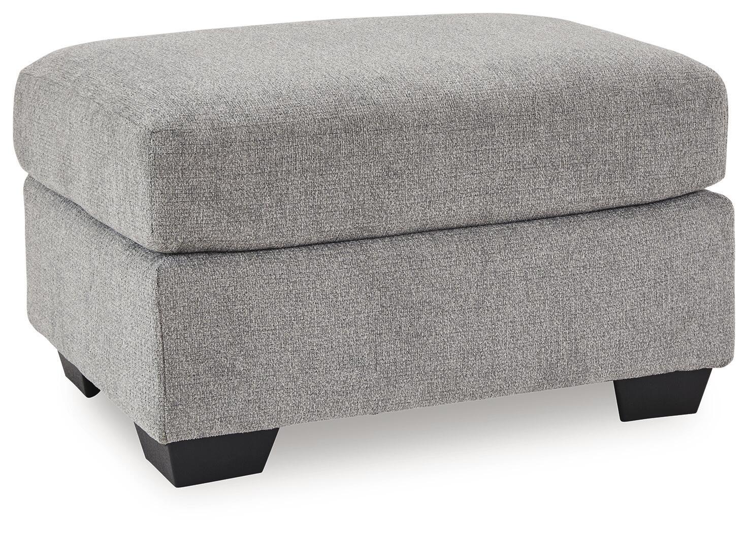 Medium gray fabric ottoman with padded square top and black block legs