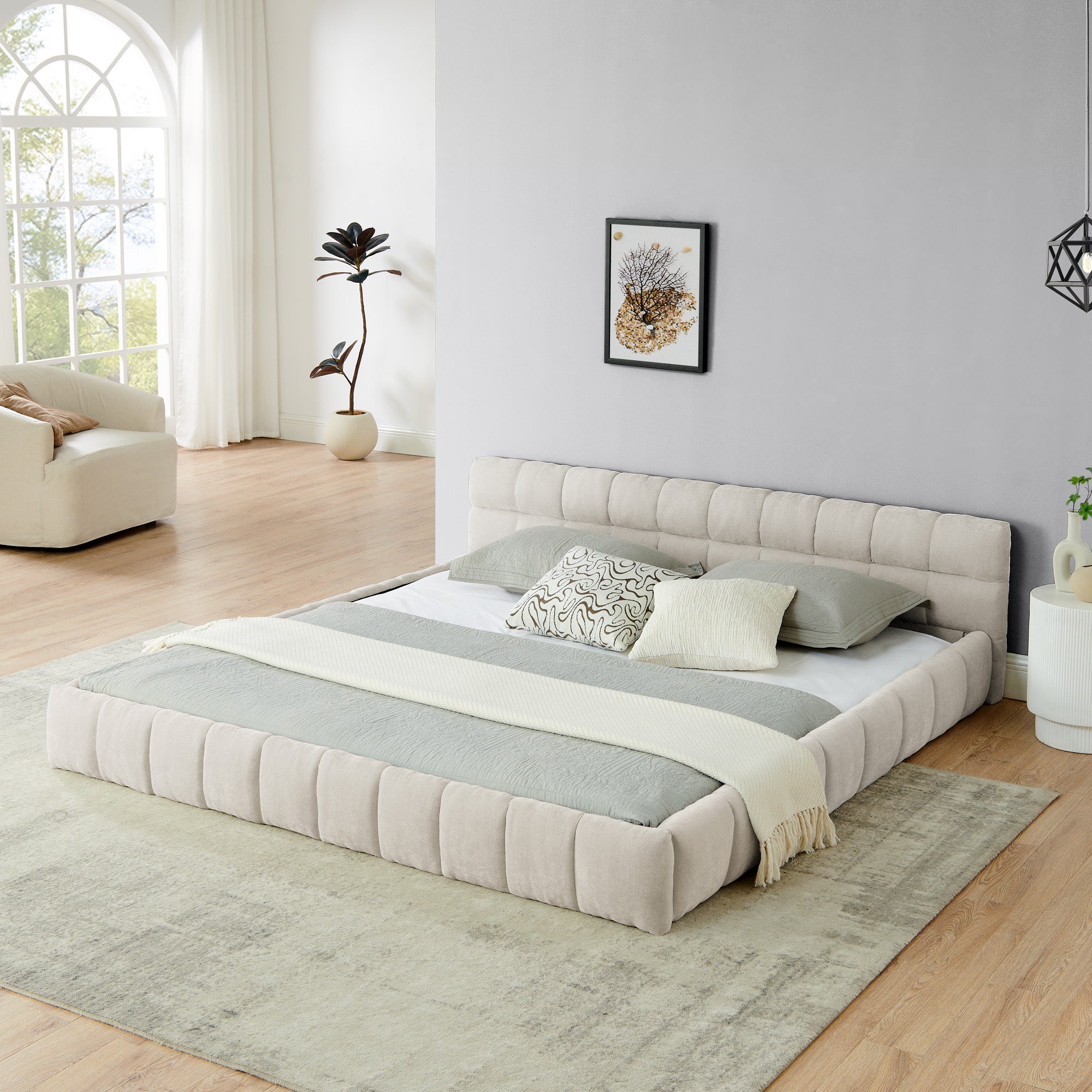King Size Chenille Upholstered Platform Bed Frame Headboard Beige