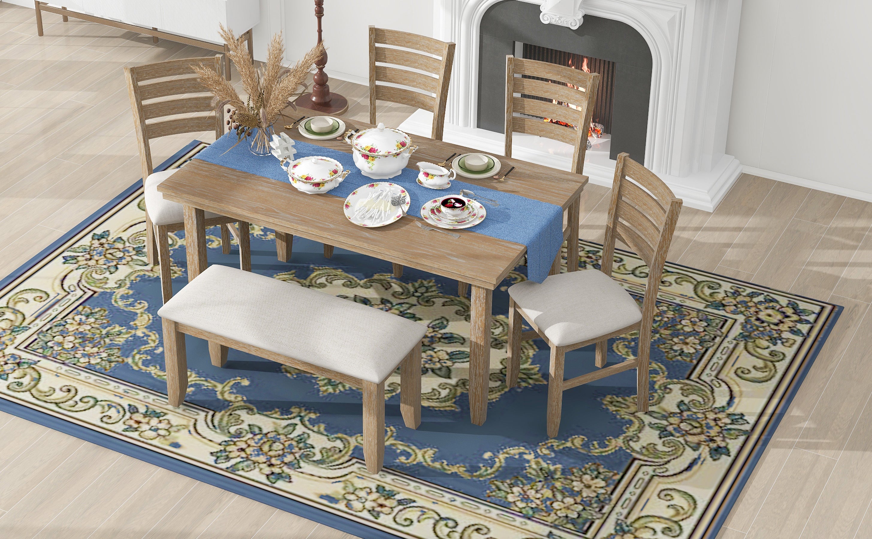 6-Piece Rustic Dining Set w/ Bench - Natural Wood