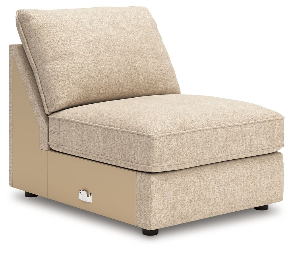 Upholstered armless chair in sand/beige fabric with boxy seat and back cushion