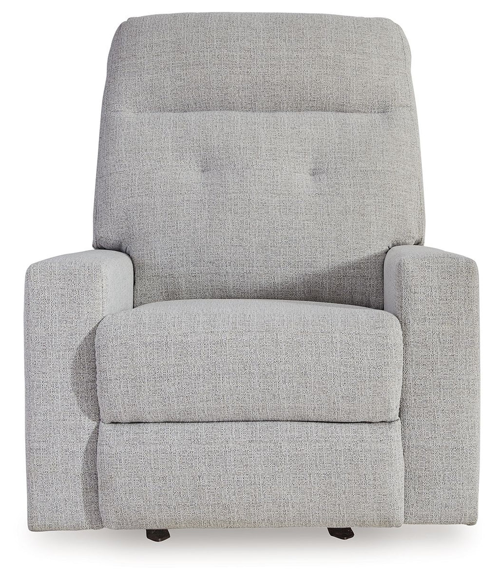 Stone gray fabric recliner chair with wide seat cushion and low arm profile