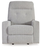 Stone gray fabric recliner chair with wide seat cushion and low arm profile
