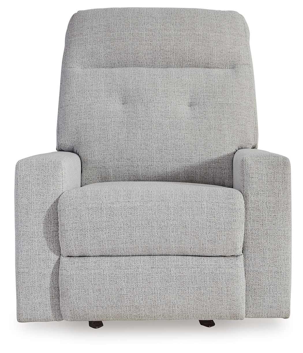 Stone gray fabric recliner chair with wide seat cushion and low arm profile