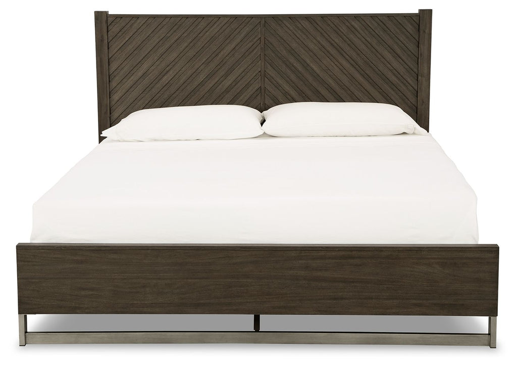 Grayish-brown panel bed frame with slatted headboard and white mattress